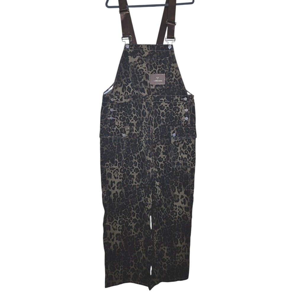 Aelfric Eden Overalls Womens XL Green Animal Print Cargo Pockets Leopard Y2K - Picture 2 of 7